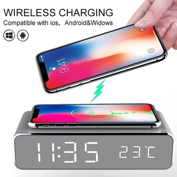 Беспроводное зарядное устройство, будильник, светодиодный цифровой термометр, зарядное устройство для наушников, док-станция для быстрой зарядки для iPhone Samsung