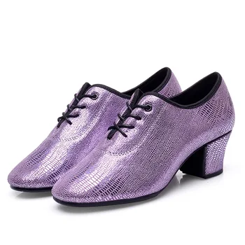 Блестящие Фиолетовые Туфли для латиноамериканских танцев из воловьей кожи Новая Учительница Бальных Танцев Кроссовки Тренд Кадриль Современный Танец Удобные