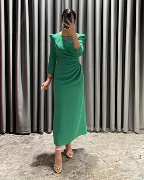 В Саудовской Аравии Женские зеленые платья для выпускного вечера с длинными рукавами и кристаллами чайной длины, вечерние платья с круглым вырезом для официальных мероприятий, вечернее платье