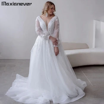 Великолепное кружевное свадебное платье с длинными рукавами и V-образным вырезом, свадебное платье трапециевидной формы с иллюзией спины, платья Vestidos Maix