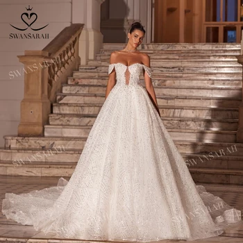 Великолепное Свадебное платье 2023 С Открытыми плечами Трапециевидной формы Со Шлейфом Принцессы Невесты SwanSarah AS210 Плюс Размер Vestido De Novia