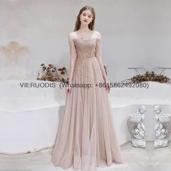 Великолепные вечерние платья 2023 Телесно-розового цвета, сексуальное вечернее платье с открытыми плечами, расшитое бисером, с блестками, с длинным рукавом.