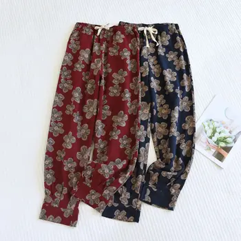 Весенне-осенние женские пижамные брюки из тонкой марли в винтажном стиле, двухслойные брюки из хлопчатобумажной пряжи, повседневная одежда для отдыха, плавки для сна