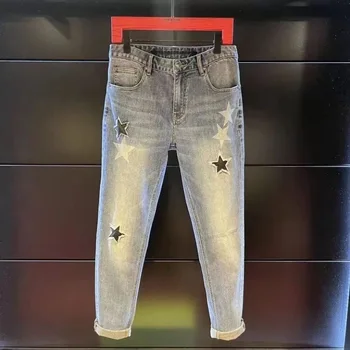 Весна и осень 2023, новый модный тренд, синие эластичные джинсы с принтом, мужские повседневные Тонкие Удобные брюки высокого качества большого размера