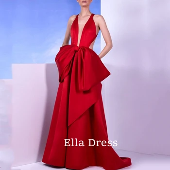 Вечернее платье из красного атласа Ella, сексуальное Вечернее платье с длинным бантом без спинки, глубокий V-образный вырез, без рукавов, холтер, Плиссированное платье трапециевидной формы для выпускного вечера, женское платье