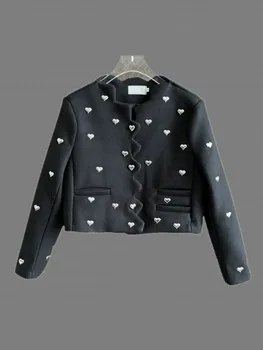 Взлетнопосадочная полоса Французский Маленький Ароматный Черный 3D Металлическое Сердечко Элегантные Куртки Для женщин Брендовые пальто Женская Верхняя одежда Casacos Top
