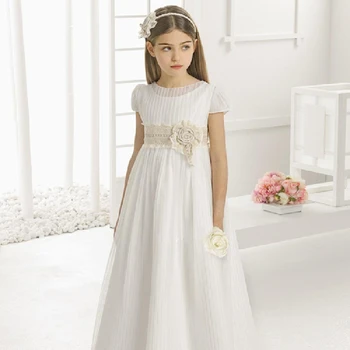 Винтажные свадебные платья для девочек-цветочниц, Ампирная талия, короткий рукав, Тюлевый Круглый кружевной пояс, Детские платья для Первого Причастия, принцесса