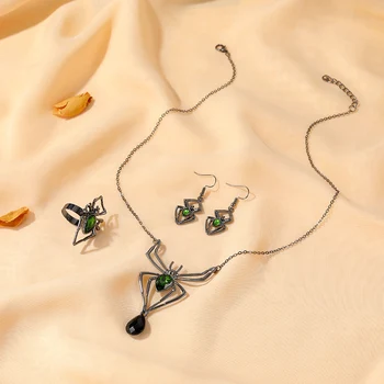 Винтажные украшения с зеленым циркониевым пауком для женщин, ожерелье с преувеличенными животными, Серьги, Кольцо, Аксессуары для вечеринки на Хэллоуин