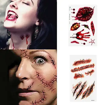 Водонепроницаемые временные татуировки на Хэллоуин, Кровавый макияж, татуировка со шрамом от зомби, рана, наклейка с кровью ужасов, косплей