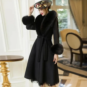Высококачественные двусторонние шерстяные пальто, женская одежда, Новая зимняя мода, Тонкая черная шерстяная куртка, женская длинная роскошная верхняя одежда с меховым воротником