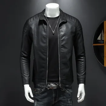 Демисезонная кожаная куртка Мужская со стоячим воротником, тонкая куртка из искусственной кожи, модное мотоциклетное повседневное пальто, мужское мото байкерское кожаное пальто