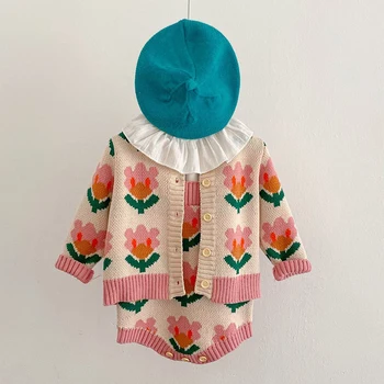 Детская вязаная одежда, костюм, кардиган с длинными рукавами и принтом, пальто + комбинезон, осенне-весенний комплект одежды для маленьких девочек для малышей