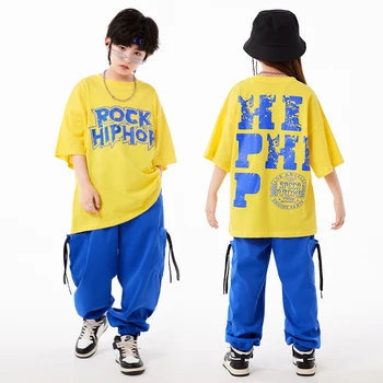 Детская летняя свободная футболка, синие брюки, одежда в стиле хип-хоп, подростковая одежда для занятий уличными джазовыми танцами, повседневная одежда для девочек и мальчиков