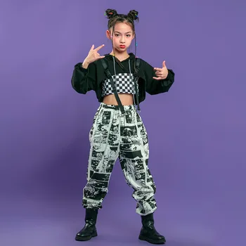 Детская одежда в стиле хип-хоп, Черная толстовка с капюшоном, укороченный топ, рубашка с длинным рукавом, уличная одежда, брюки для бега трусцой с принтом для девочек, танцевальный костюм