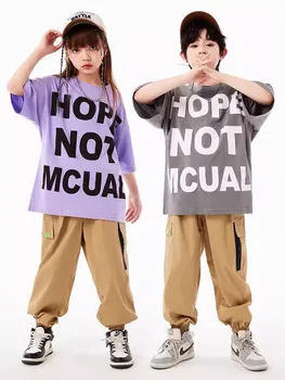 Детская одежда в стиле хип-хоп, свободная футболка для уличных танцев, брюки цвета хаки, наряды для джазовых выступлений для девочек, танцевальный костюм в стиле хип-хоп для мальчиков BL10915
