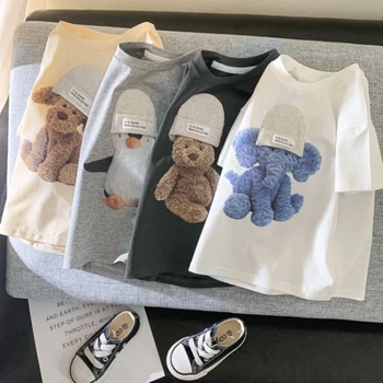 Детская футболка для мальчиков и девочек, летняя модная хлопковая футболка с принтом собаки, слона, пингвина и медведя, детский топ с короткими рукавами и принтом медведя