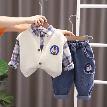 Детские комплекты Doraemon для мальчиков, весенне-осенняя одежда, куртка с героями мультфильмов, детская клетчатая рубашка, костюм-тройка