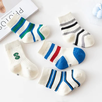 Детские носки в Корейскую полоску с буквами, весна-осень, короткий вязаный носок для младенцев, милые повседневные Спортивные носки для маленьких мальчиков и девочек