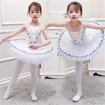 Детское балетное платье с ремешком для танца маленького лебедя, профессиональная балетная юбка с блестками синего цвета для девочек, юбка-пачка для танца лебедя