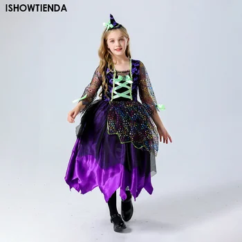 Детское платье принцессы-ведьмы для девочек на Хэллоуин, блестящее сетчатое платье-пачка с остроконечной шляпой Для карнавальной вечеринки, нарядные костюмы