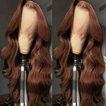 Дешевый Каштаново-коричневый Синтетический парик на кружеве, свободная волна, Высококачественное Термостойкое волокно, Предварительно Выщипанный Натуральный волосяной покров для женщин