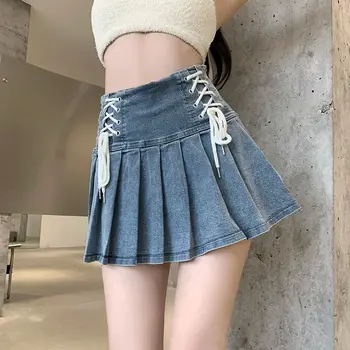 Джинсовая плиссированная юбка, Корейская модная Женская повязка, Высокая талия, Трапециевидная Милая Сексуальная Джинсовая мини-юбка-карго, Летняя Y2k Girl 2023