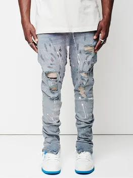Джинсы на молнии с боковым разрезом, мужские брюки из рваной хлопчатобумажной ткани Paint Slim Fit, осенняя уличная мода, светло-голубые джинсы с потертостями на коленях