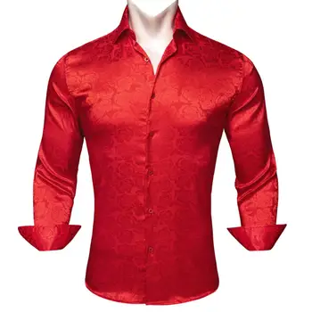 Дизайнерские рубашки для мужчин из шелка с длинным рукавом и красным цветком, Приталенные мужские блузы, Повседневные топы, Официальная Уличная одежда, Дышащая Barry Wang