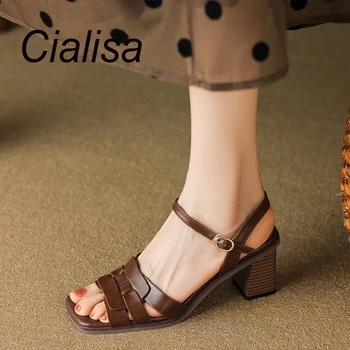 Женская лаконичная обувь Cialisa 2022, летние повседневные женские босоножки из натуральной кожи с ремешком и пряжкой, обувь на высоком каблуке 6 см, 40 коричневых оттенков