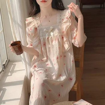 Женская ночная рубашка в корейском стиле с цветочным принтом, длинное пижамное платье, женские оборки, короткий рукав, V-образный вырез, сексуальная милая ночная рубашка, одежда для отдыха