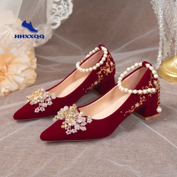 Женская обувь, красные туфли-лодочки, женская обувь на массивном высоком каблуке, Свадебные туфли для невесты, Модные женские туфли с бисером 2023