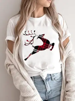 Женская праздничная одежда Merry Christmas, модная женская футболка в клетку с оленем, милая футболка 90-х, футболка с графическим рисунком, новогодние футболки