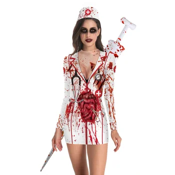 Женские костюмы ужасов для вечеринки на Хэллоуин, платье кровавой медсестры-зомби, косплей, сексуальное женское платье с круглым вырезом и длинным рукавом, модное платье