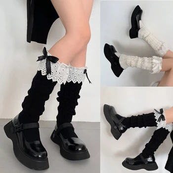 Женские Осенние гетры с кружевным бантом и оборками, Японские вязаные чехлы для ног, Студенческие Эластичные носки для телят