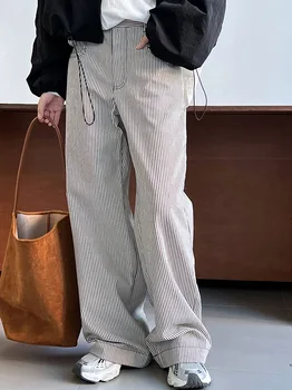Женские прямые брюки с широкими штанинами в черно-белую вертикальную полоску свободного кроя с высокой талией. Осенняя повседневная одежда для отдыха и офиса