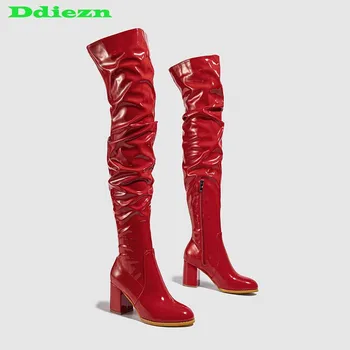 Женские сапоги выше колена в западном стиле, осенняя стрейчевая женская обувь 2023 года на высоком каблуке с круглым носком, женские модные красные современные ботинки