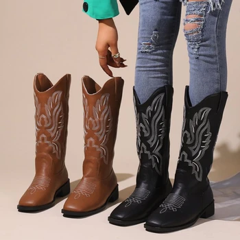 Женские сапоги до колена Дизайн, новый модный стиль, размеры от 35 до 43, черно-коричневые сапоги в западном стиле, женские ботинки