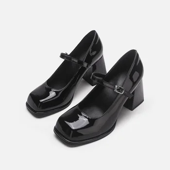 Женские туфли Mary Jane на высоком каблуке, Новые черные тонкие туфли из лакированной кожи на толстом каблуке с квадратной головкой, женские летние X-J44