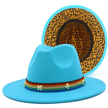 Женские фетровые шляпы Фетровые кепки Фетровые шляпы с радужным поясом, джазовая шляпа с леопардовым принтом, внутренняя кепка-дерби, фетровые головные уборы-нагнетатели