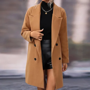 Женский осенне зимний костюм средней длины Кардиган с воротником Двубортное шерстяное пальто Тренч для женщин из смесовой шерсти