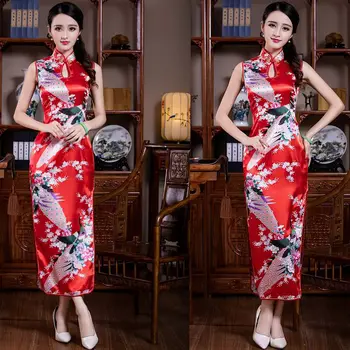Женское китайское платье без рукавов с красным павлином, восточное платье с высоким разрезом, вечернее платье с воротником-стойкой, классическое Ципао