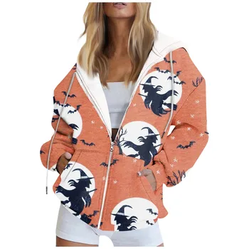 Женское флисовое пальто с принтом на Хэллоуин, куртка с капюшоном на молнии, модное повседневное Удобное мягкое легкое пальто Sudaderas