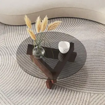 Журнальный столик из прозрачного стекла и цельного дерева в гостиной в стиле ретро минимализм, дизайн чайного столика, мебель, приставной столик, журнальный столик