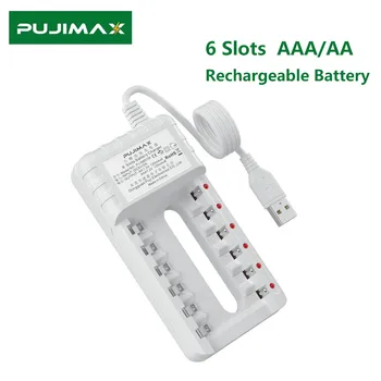 Зарядное устройство PUJIMAX с 6 слотами, универсальный USB-кабель для аккумуляторных батарей 1,2 В AA/AAA со светодиодной подсветкой, быстрая зарядка с помощью NiMH