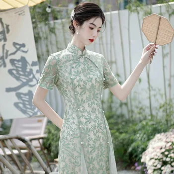 Зеленый Фиолетовый Летний Китайский Национальный кружевной Чонсам, винтажное женское платье средней длины, Приталенное модное улучшенное Ципао от S до XXL