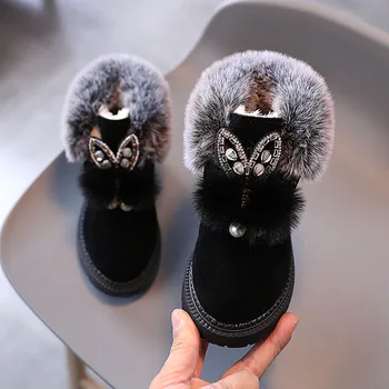 Зимние ботинки для девочек в корейском стиле, бархатный шар, горный хрусталь, плюшевые хлопковые ботинки с кроликом, повседневная обувь на мягкой подошве длиной до щиколотки