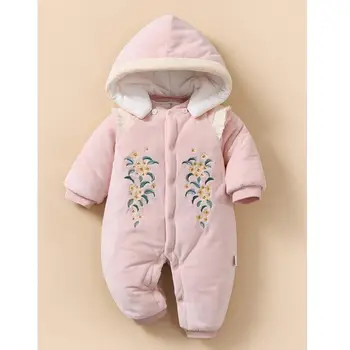 Зимний новый комбинезон для маленьких девочек с вышивкой, розовый комбинезон с капюшоном и длинными рукавами, теплая верхняя одежда для новорожденных A2938