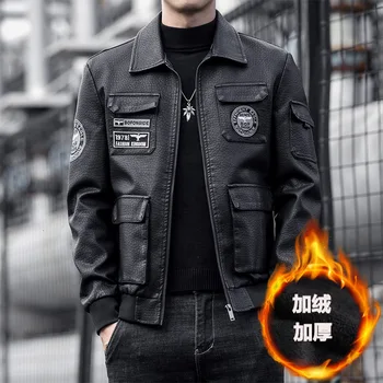 Зимняя кожаная куртка оверсайз, мужская мотоциклетная куртка с плюшевой подкладкой, корейская версия с вышивкой на лацканах, приталенная по фигуре