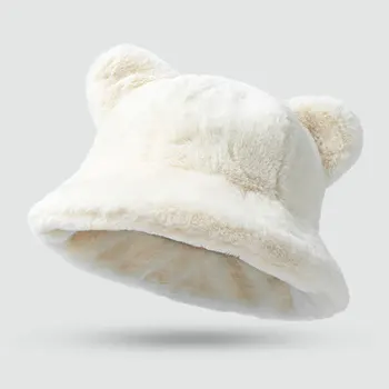 Зимняя панама из искусственного меха Кролика, повседневная теплая рыбацкая кепка, милая панама с медвежьими ушками, женская мужская осенняя кепка