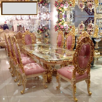 Изготовленный на Заказ Роскошный Европейский стиль, Полностью из массива Дерева, Резной Обеденный стол и стул, сочетание Французской дворцовой розовой фольги PrinceGold